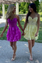 Misshow Sparkly A Line Fuchsia Corset Strapless Short Homecoming Dress/Mini Dress with Ruffles